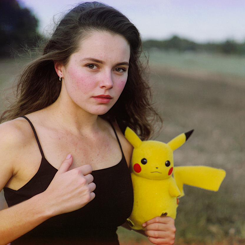 film photograph portrait of a woman running with Pikachu, the woman has moderately blemished skin with visible lines and pores, she smiles, film grain