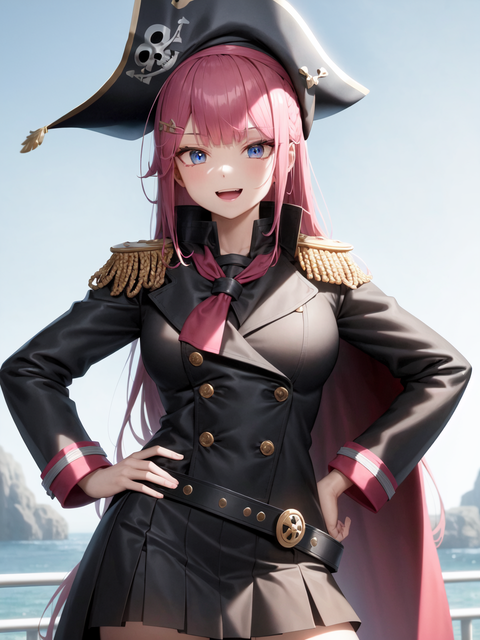 13681-4209886300-1girl, pirate hat, skirt, epaulettes, pirate, solo, pink hair, hairclip, hat, hair ornament, long hair, open mouth, blue eyes, w.png